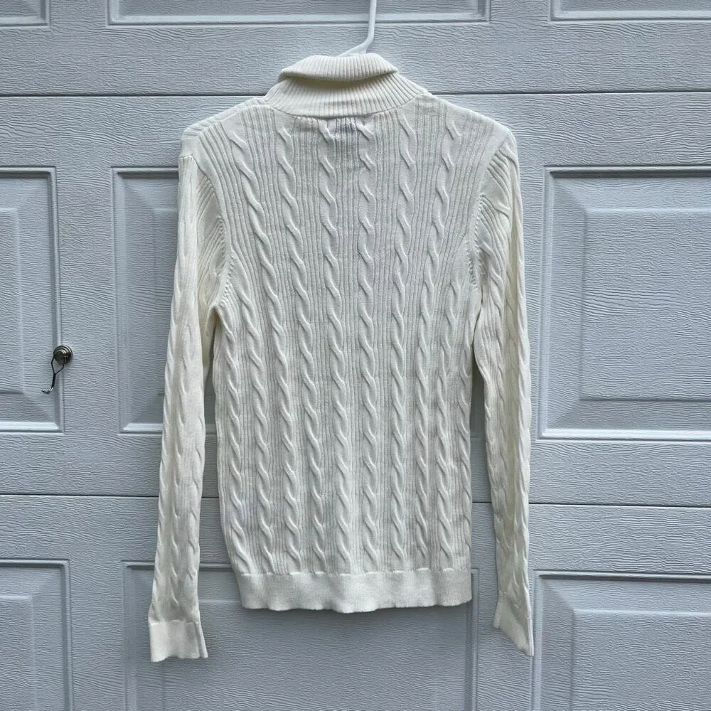 Lands’ End Lighthouse Ivory Cotton Cable Knit Turtleneck Sweater NWT M